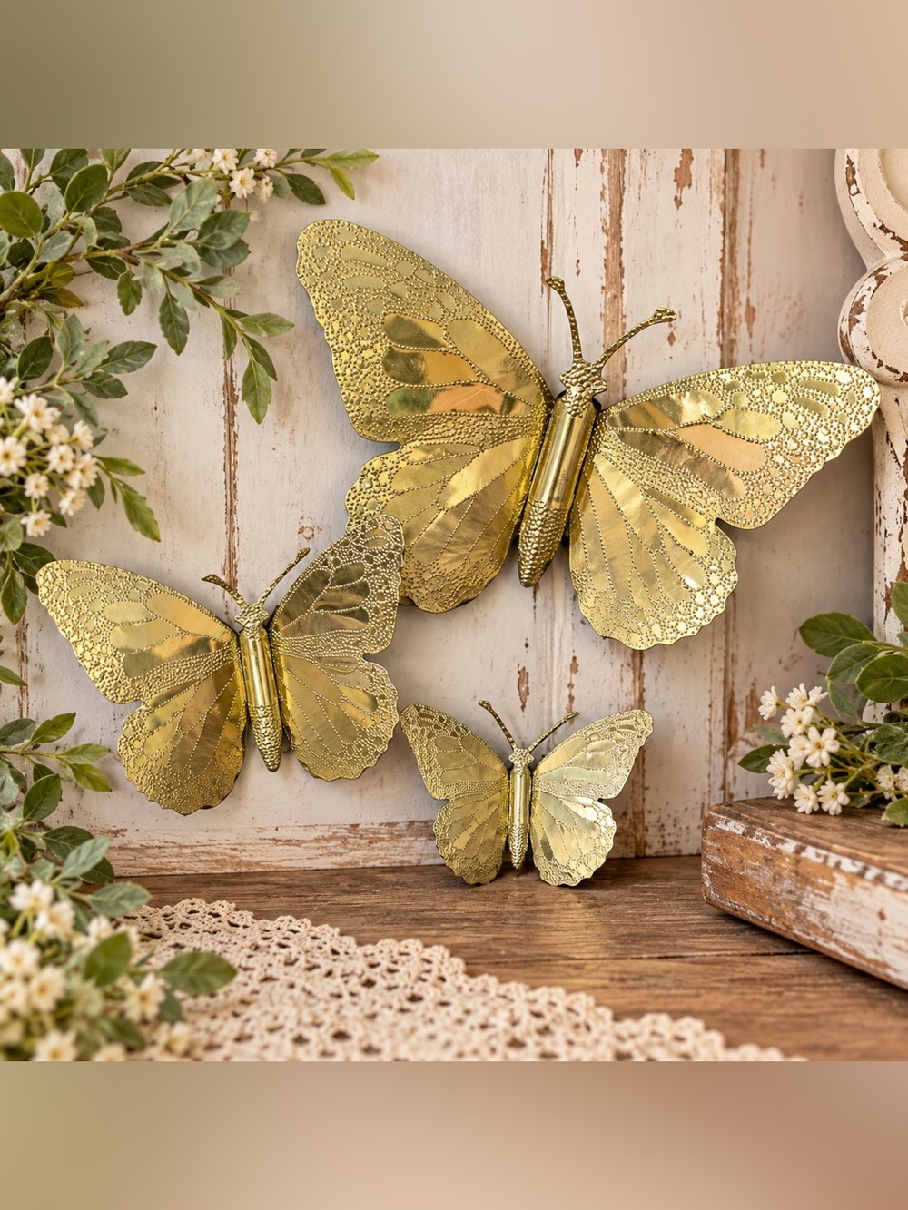 Vintage Gold Tone Metal Butterfly Wall Decor Set of 3